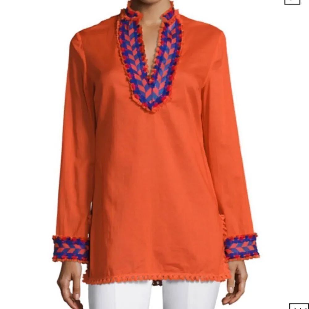 Samba Fringe-trim Cotton Tunic Top, Orange